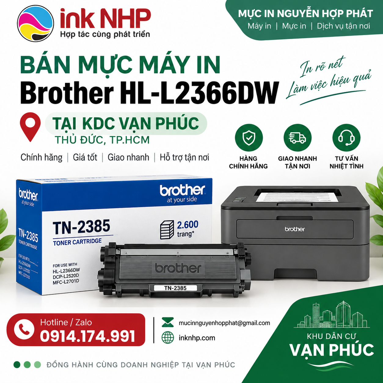 Bán mực máy in Brother HL-L2366DW tại KDC Vạn Phúc – Mực in Nguyễn Hợp Phát